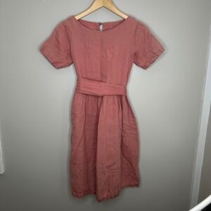 Simply Grey Women's XS Pink Linen Midi‎ Dress Tie Waist Pockets Short Sleeve